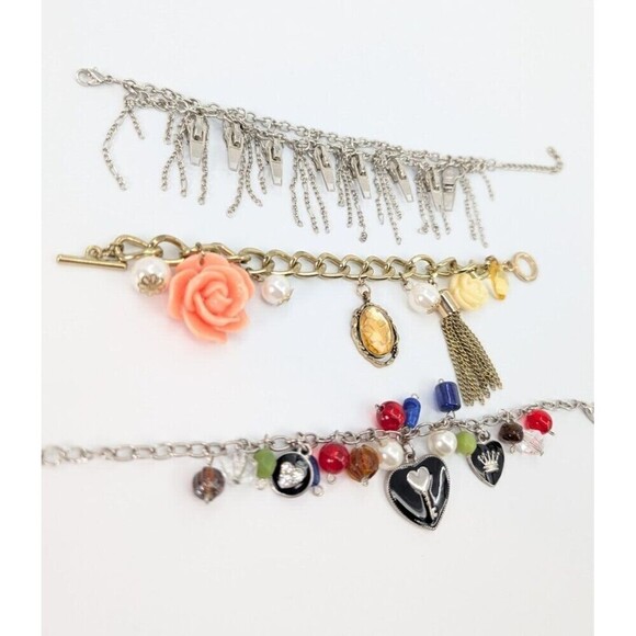 Set of 3 Charm Bracelet Zip Motif Heart Faux Pearl Flower Beads Retro Y2K Whimsy - Picture 4 of 12